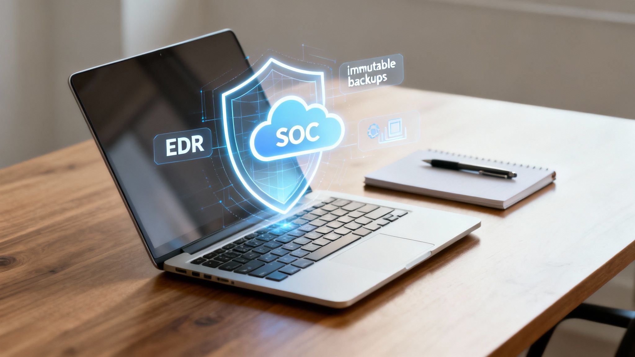 Holographic cybersecurity shield with SOC, EDR, and immutable backups over a laptop on a wooden desk.