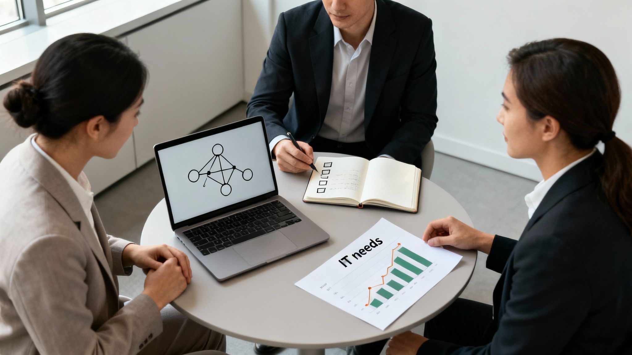 Three business professionals meeting, discussing IT needs with charts, a laptop, and a checklist.