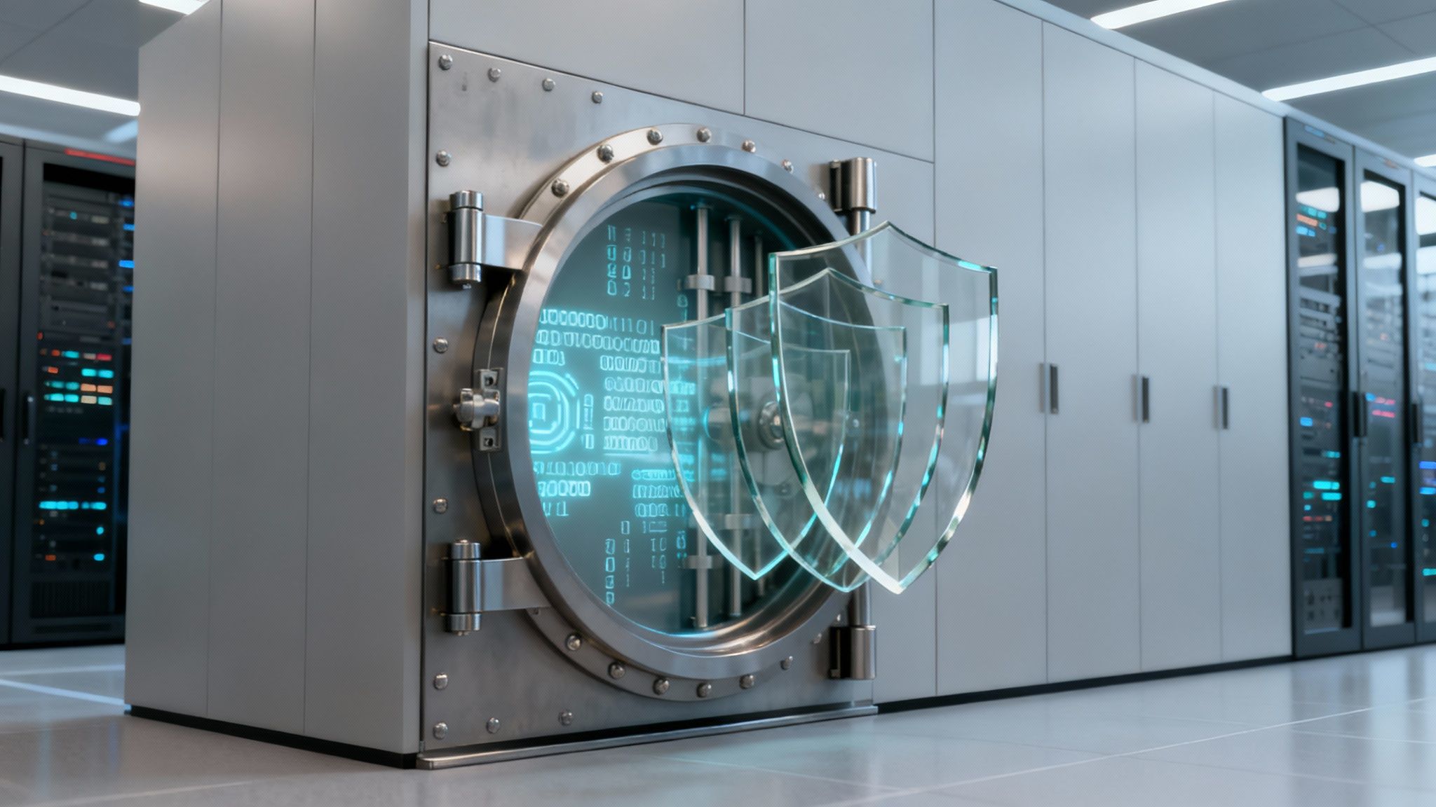 A digital data vault in a server room, displaying binary code and security shields.
