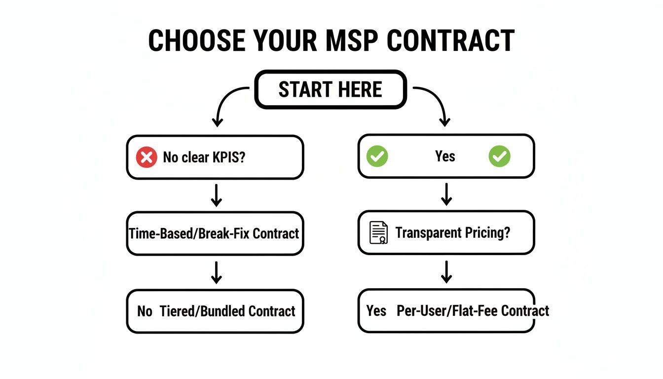 A flowchart guiding the choice of MSP contract based on clear KPIs and transparent pricing.