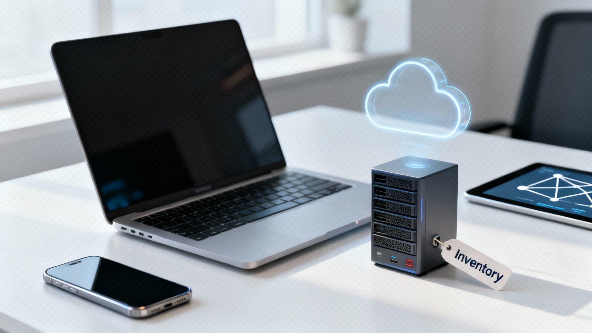 A desk with a laptop, smartphone, server rack with 'Inventory' tag, and a glowing cloud icon, symbolizing cloud inventory management.