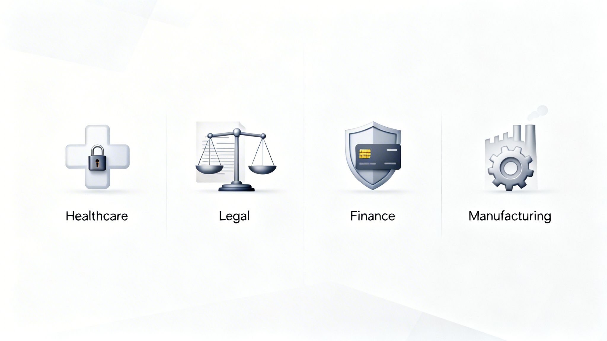 Four icons depicting healthcare, legal, finance, and manufacturing sectors, highlighting diverse industries.