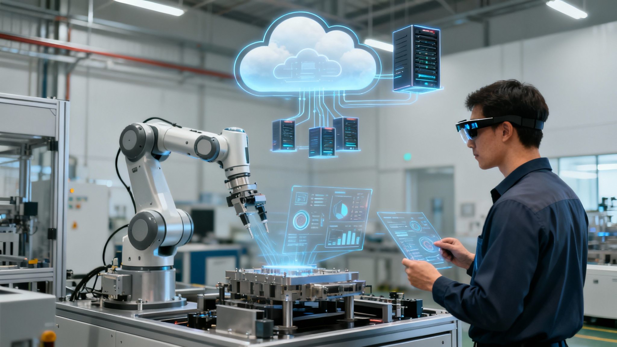 Engineer in AR glasses oversees robotic arm and cloud data in modern smart factory.
