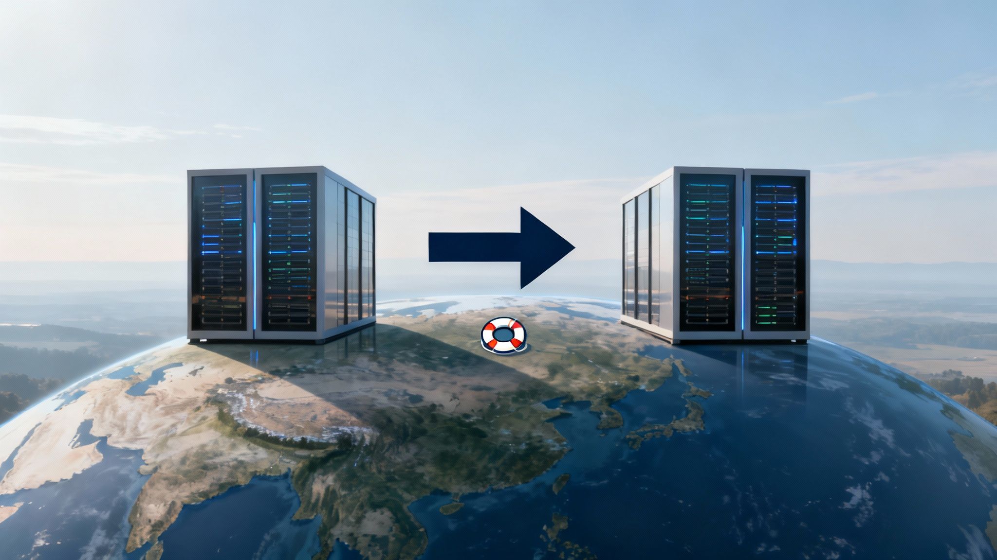 Two server racks on Earth, with an arrow and lifebuoy, symbolizing secure data migration.
