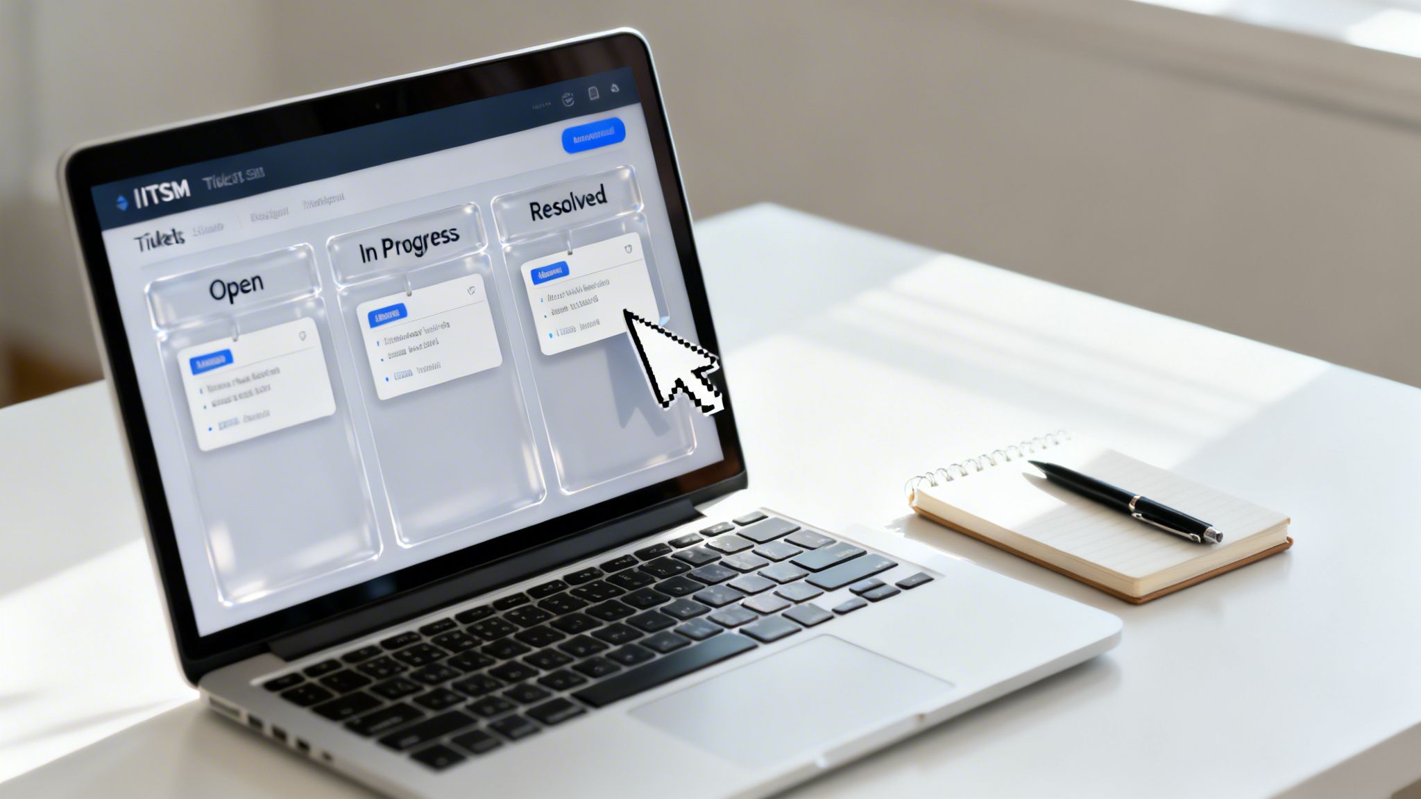 Laptop displaying an IT Service Management dashboard with 'Open', 'In Progress', and 'Resolved' tickets.
