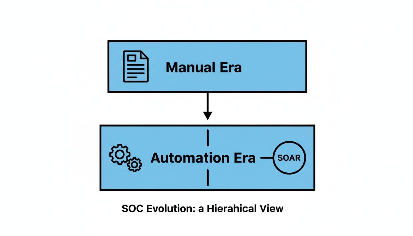 Flowchart illustrating SOC evolution from a manual era (document) to an automation era (gears) featuring SOAR.