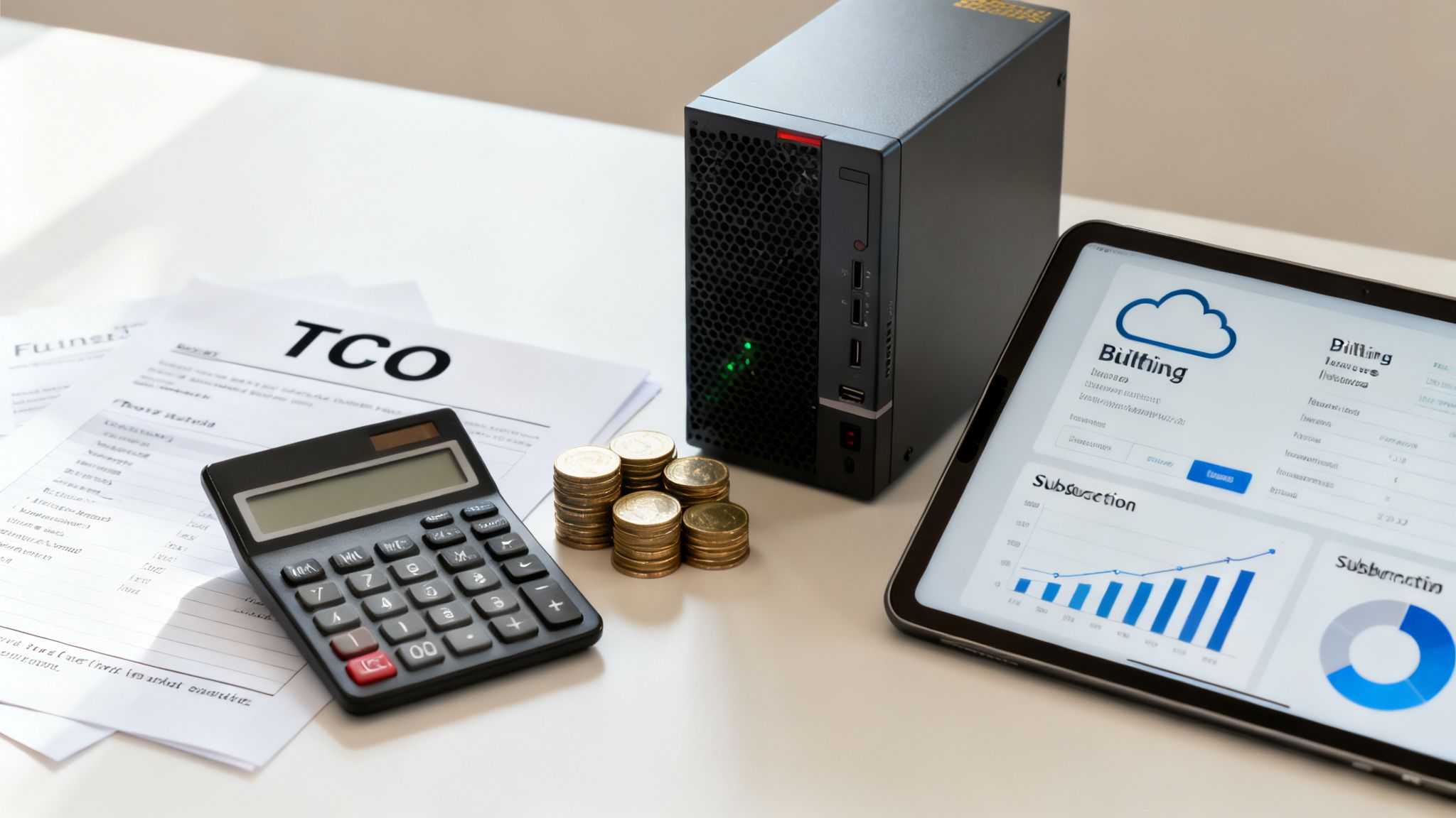 A desk with TCO documents, a calculator, coins, a server, and a tablet showing cloud billing charts.