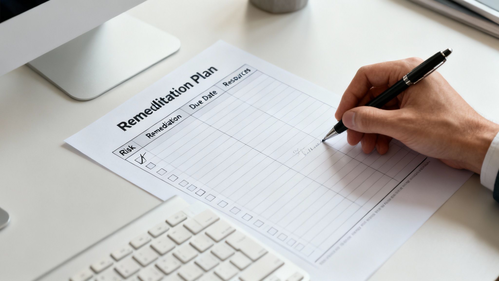 A hand fills out a 'Remediation Plan' document, addressing risks and actions.