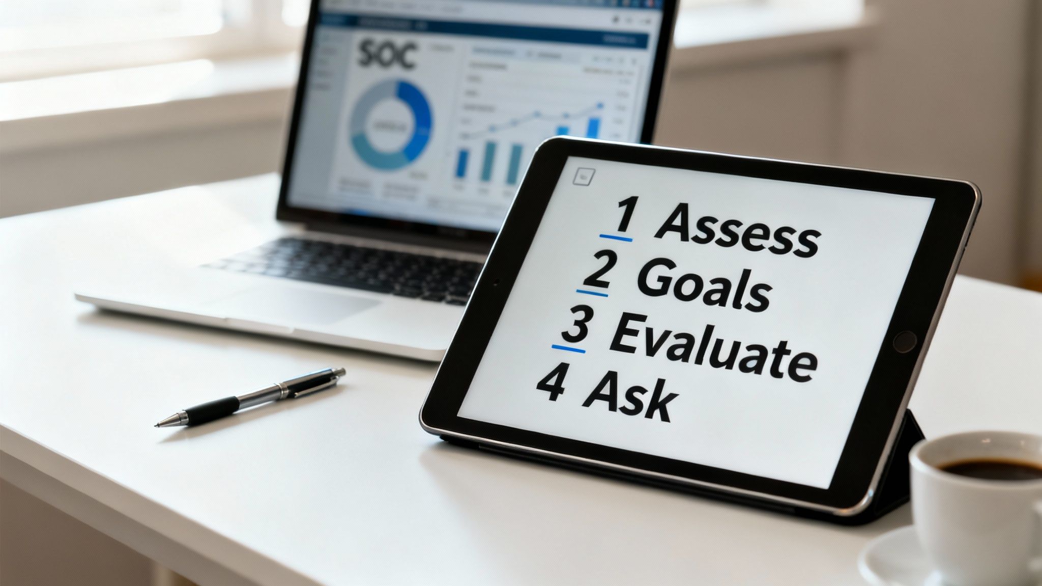 A modern workspace desk with a laptop showing analytics and a tablet displaying business strategy steps.
