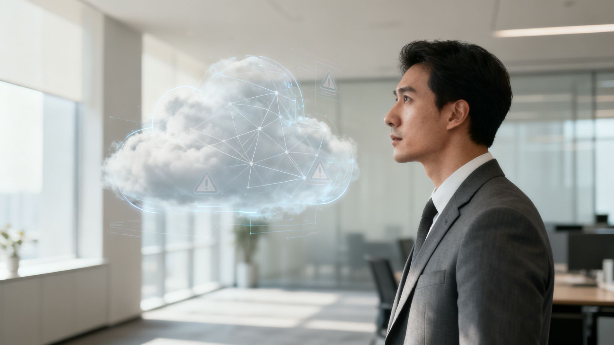 A businessman in an office observes a holographic cloud with network connections and warning signs, symbolizing cloud security.
