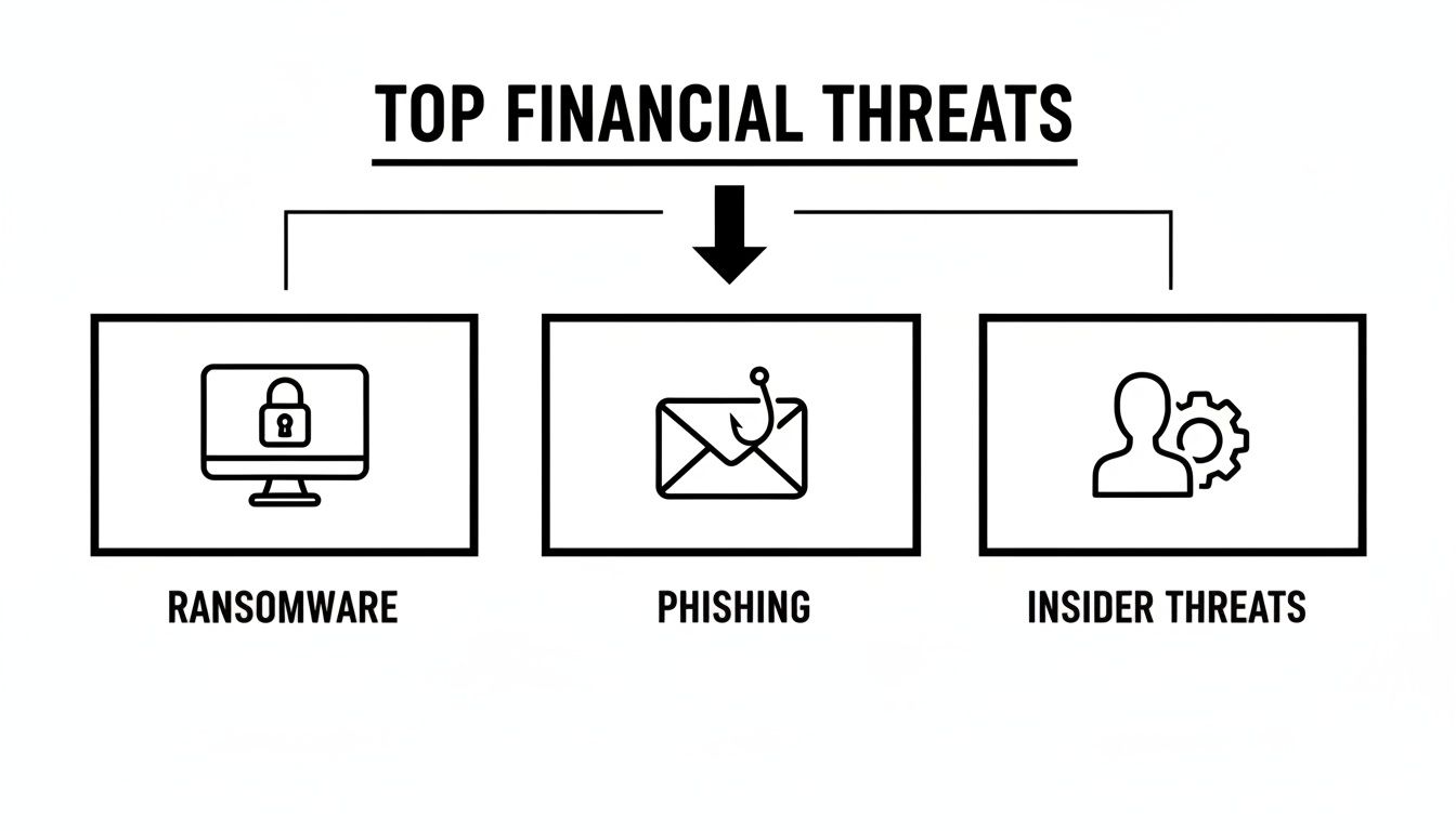 Diagram illustrating top financial threats: ransomware, phishing, and insider threats, each with a symbolic icon.