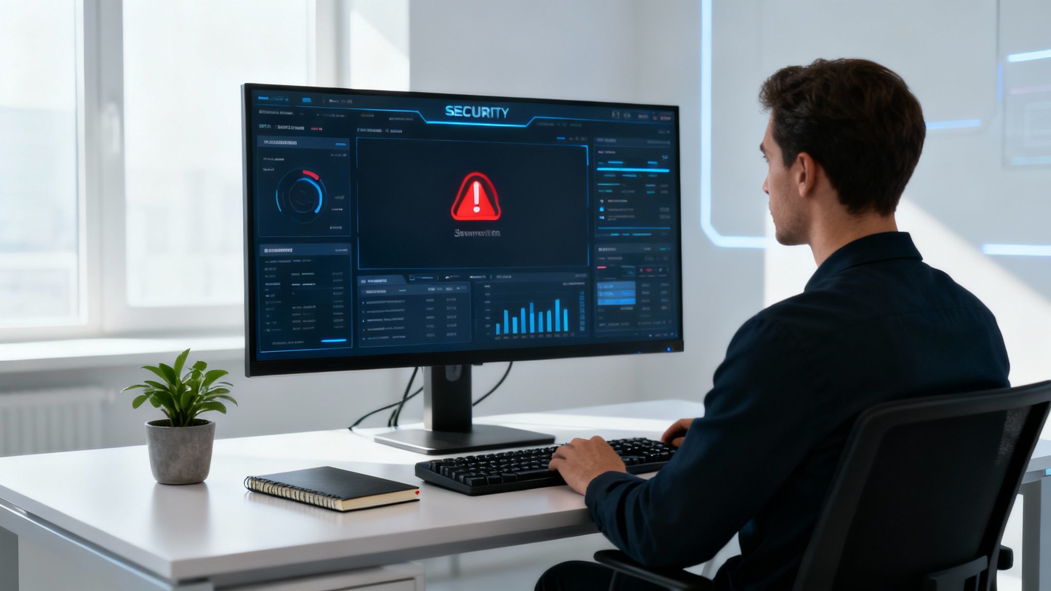 A man monitors a computer screen displaying a 'Security' warning, indicating a potential threat.