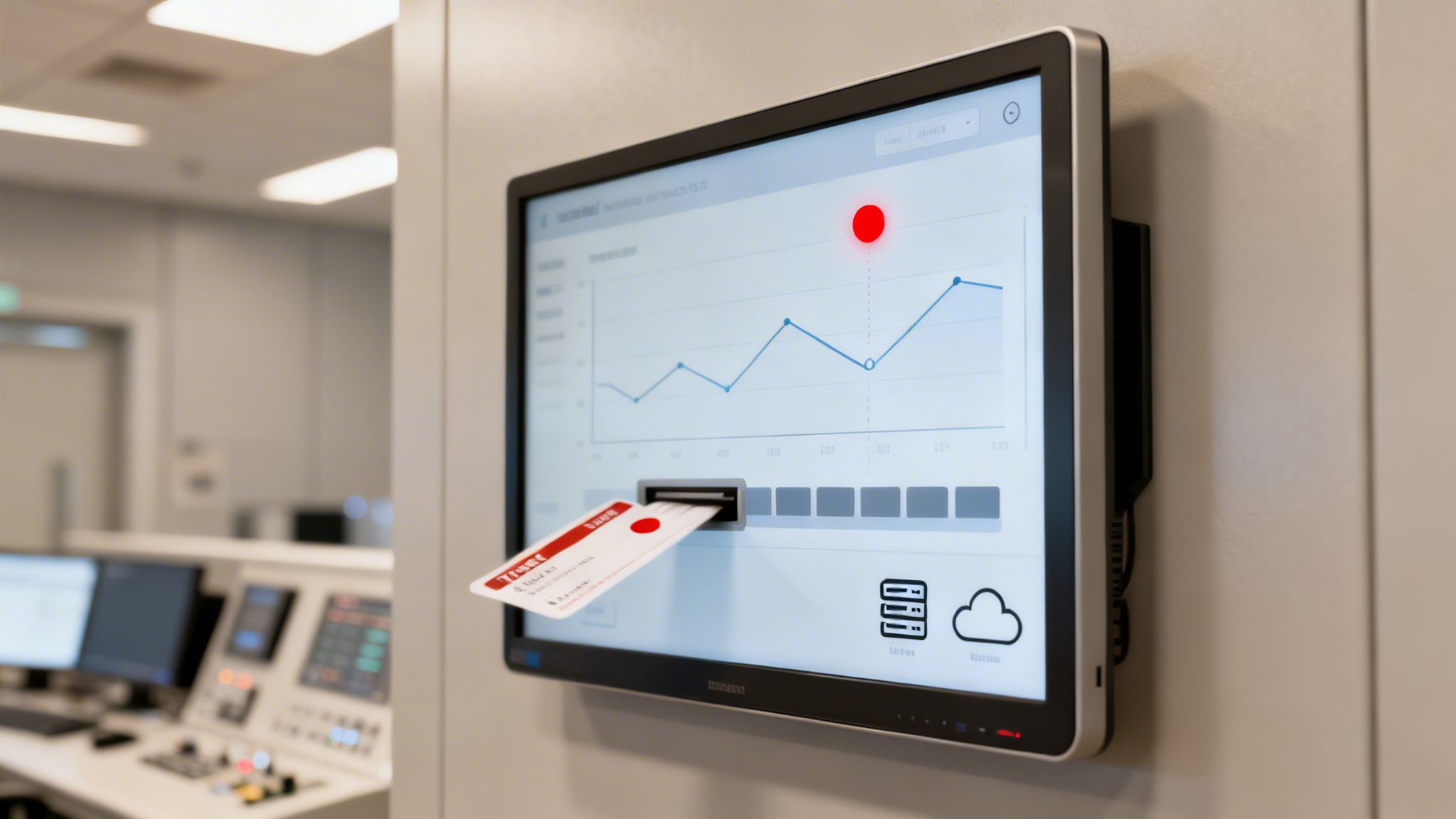 A digital display mounted on a wall showing a graph with a red card being inserted into a slot. A control room is visible in the background.