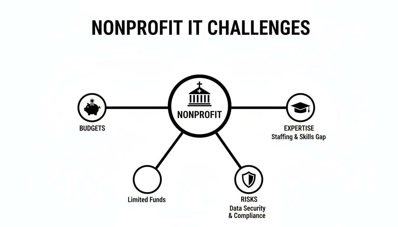 Diagram showing nonprofit IT challenges: budgets, limited funds, expertise gap, and data security risks.