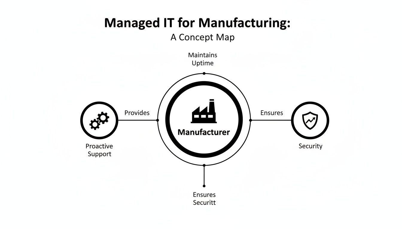 A concept map showing how managed IT for manufacturing provides proactive support, maintains uptime, and ensures security.