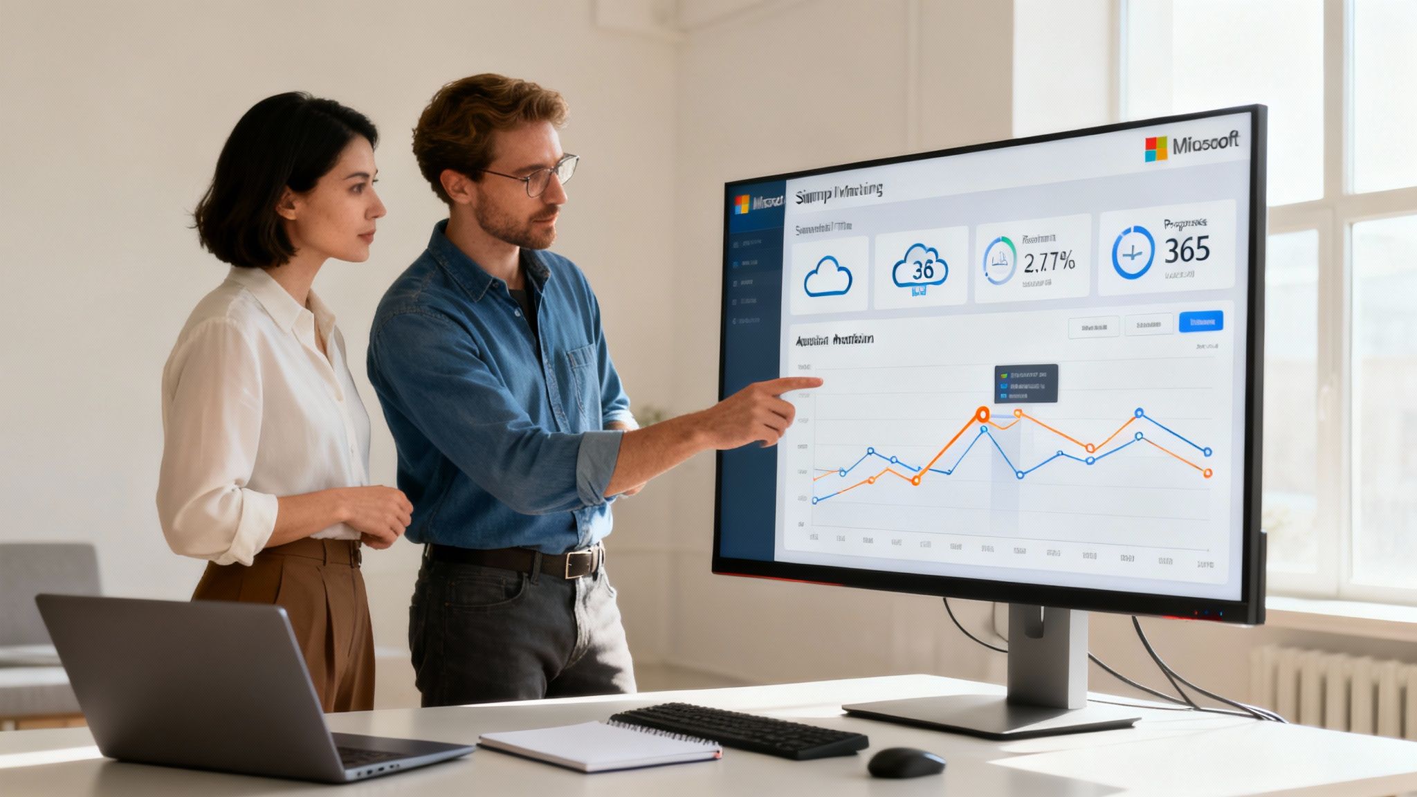Two colleagues analyze data on a large monitor, discussing business progress and metrics in an office.