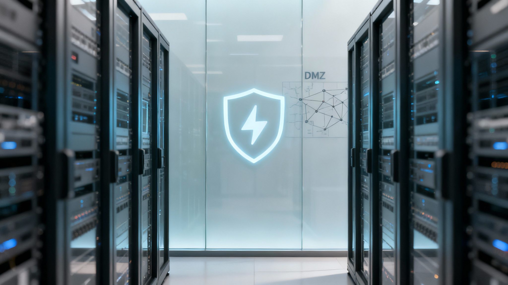 Secure data center with server racks, a glowing shield icon, and DMZ network map.