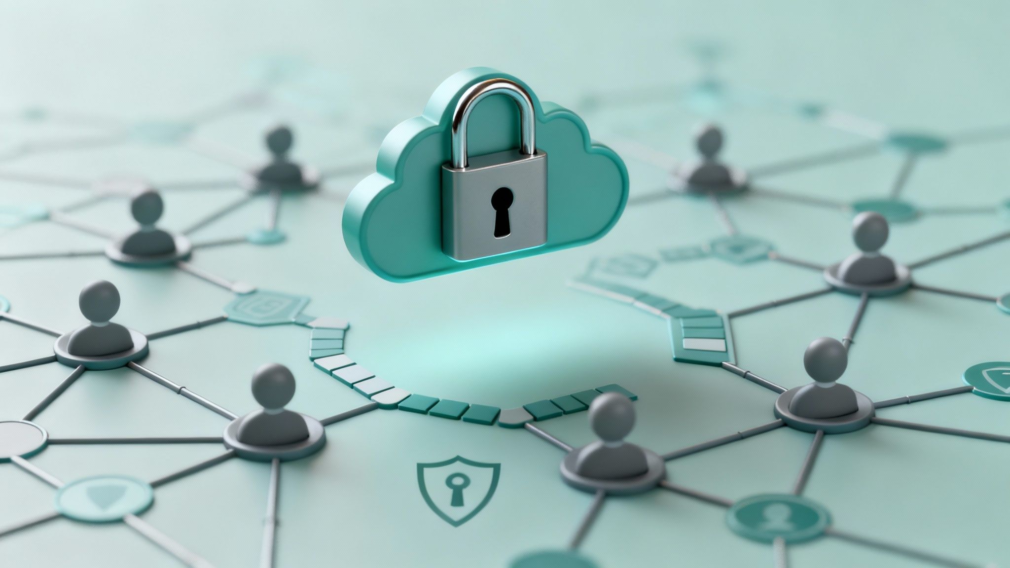 A secure cloud with a padlock protects a connected network of users and data.