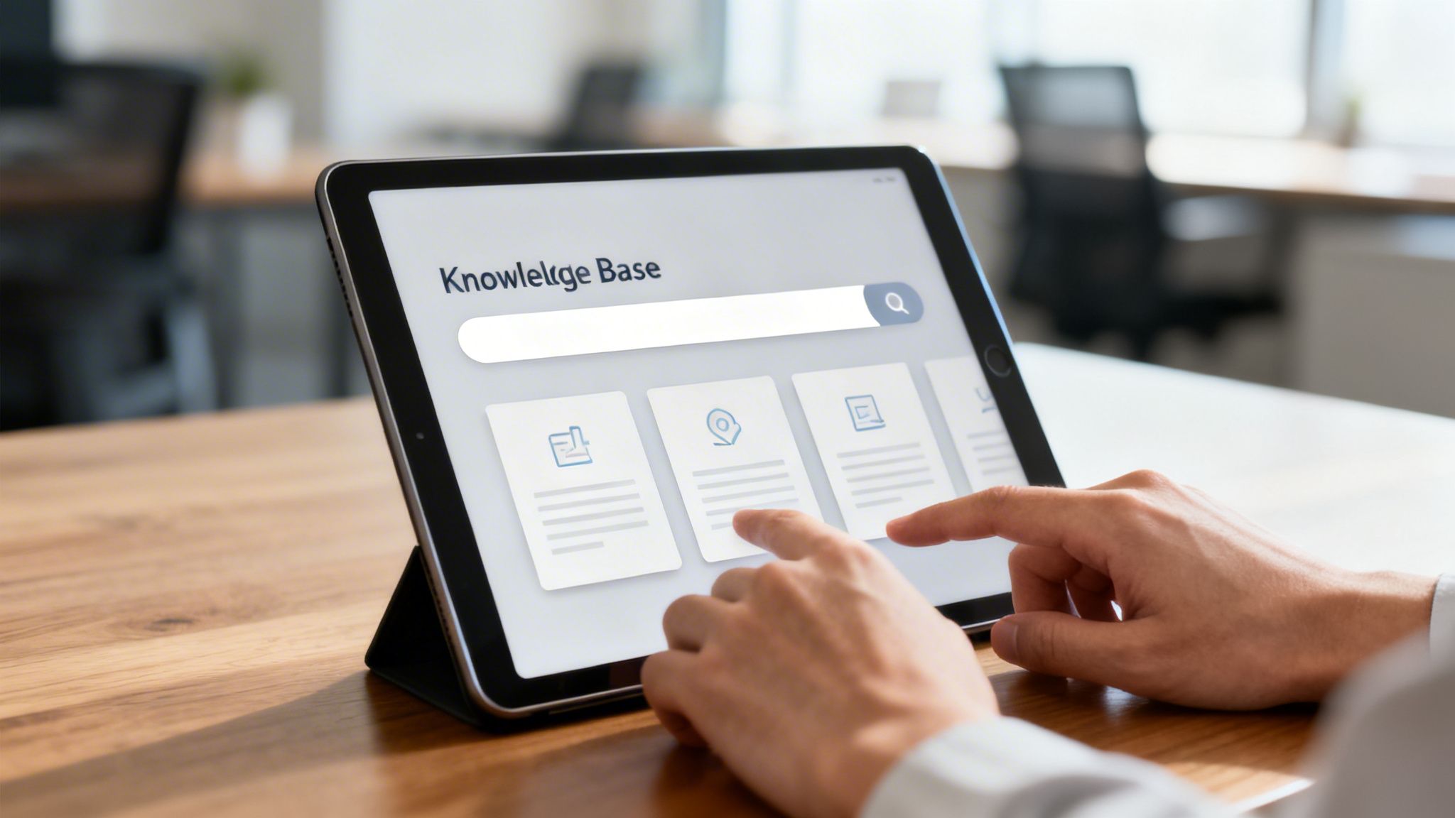 A person uses a tablet displaying a 'Knowledge Base' interface with a search bar and content cards.