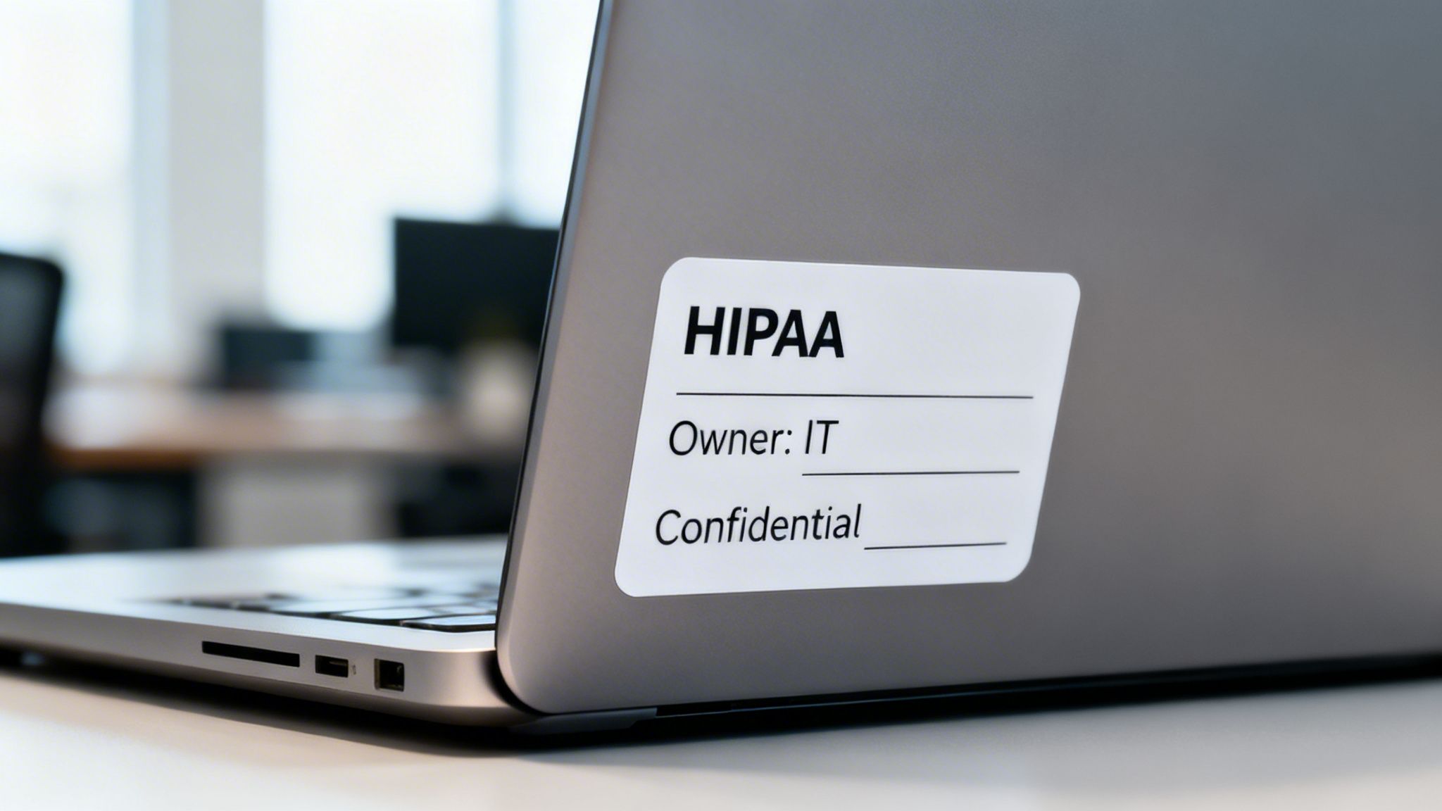 A silver laptop with a white sticker on its lid, labeled HIPAA, Owner: IT, and Confidential.