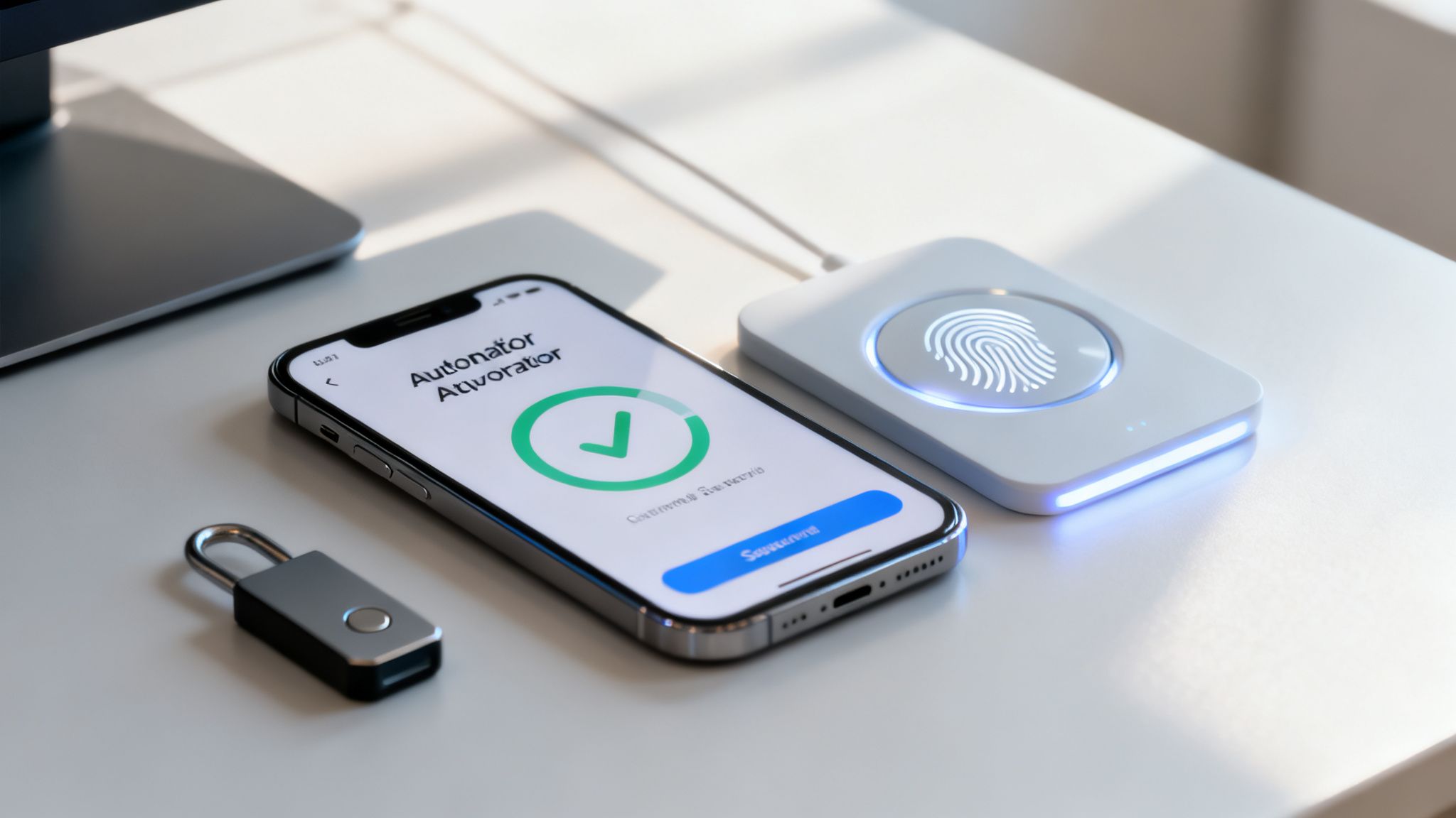 A smartphone shows successful activation, next to a glowing fingerprint scanner and security token.