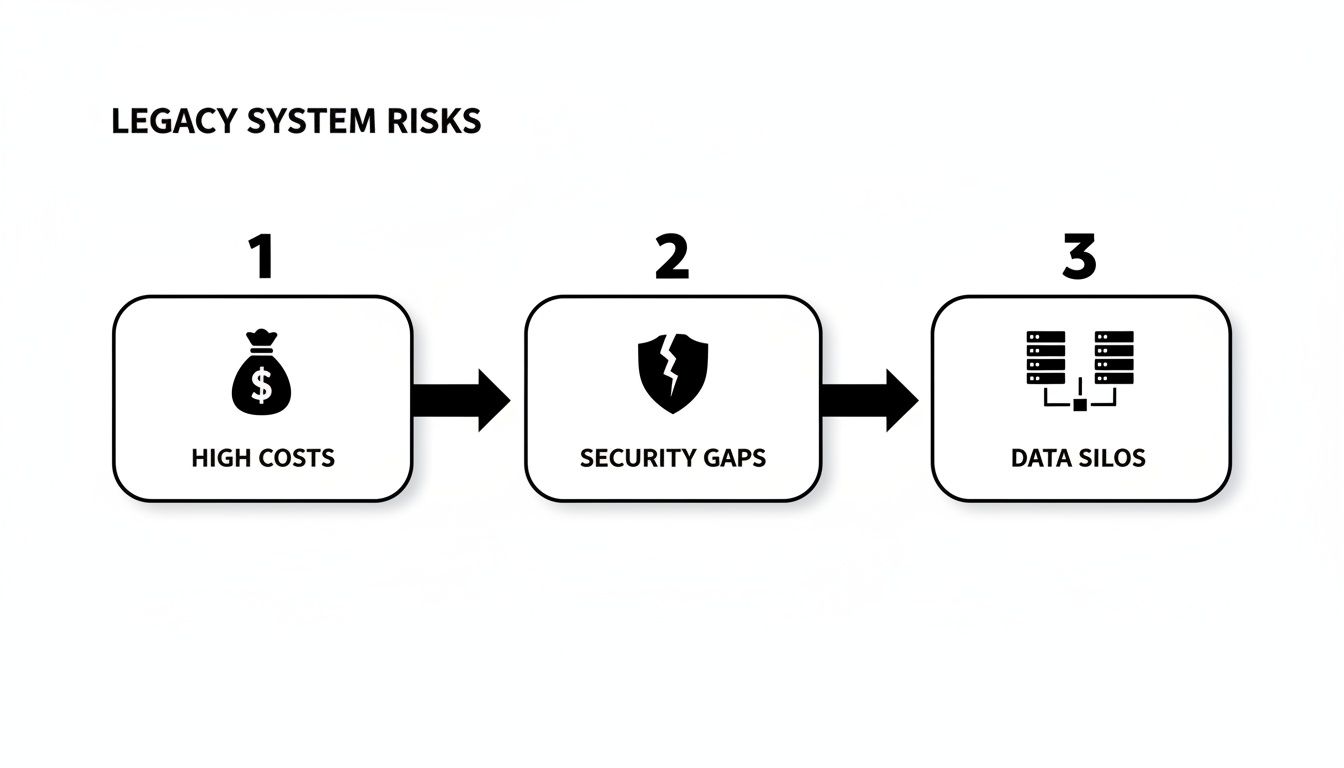 Infographic outlining three legacy system risks: high costs, security gaps, and data silos.