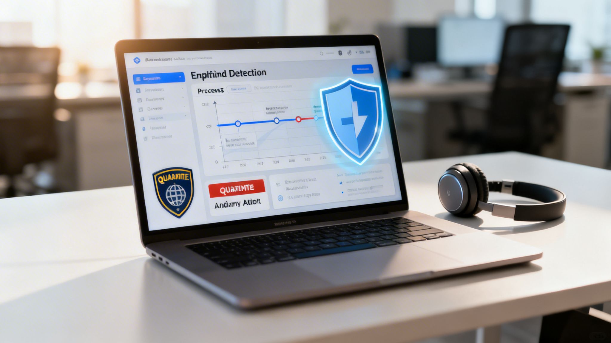 Laptop displaying a cybersecurity software interface with a shield icon and quarantine logos.