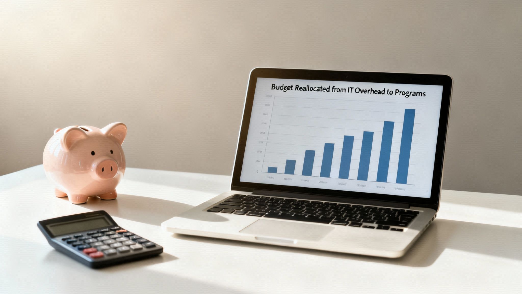 Desk setup with piggy bank, calculator, and laptop displaying IT budget reallocation chart.