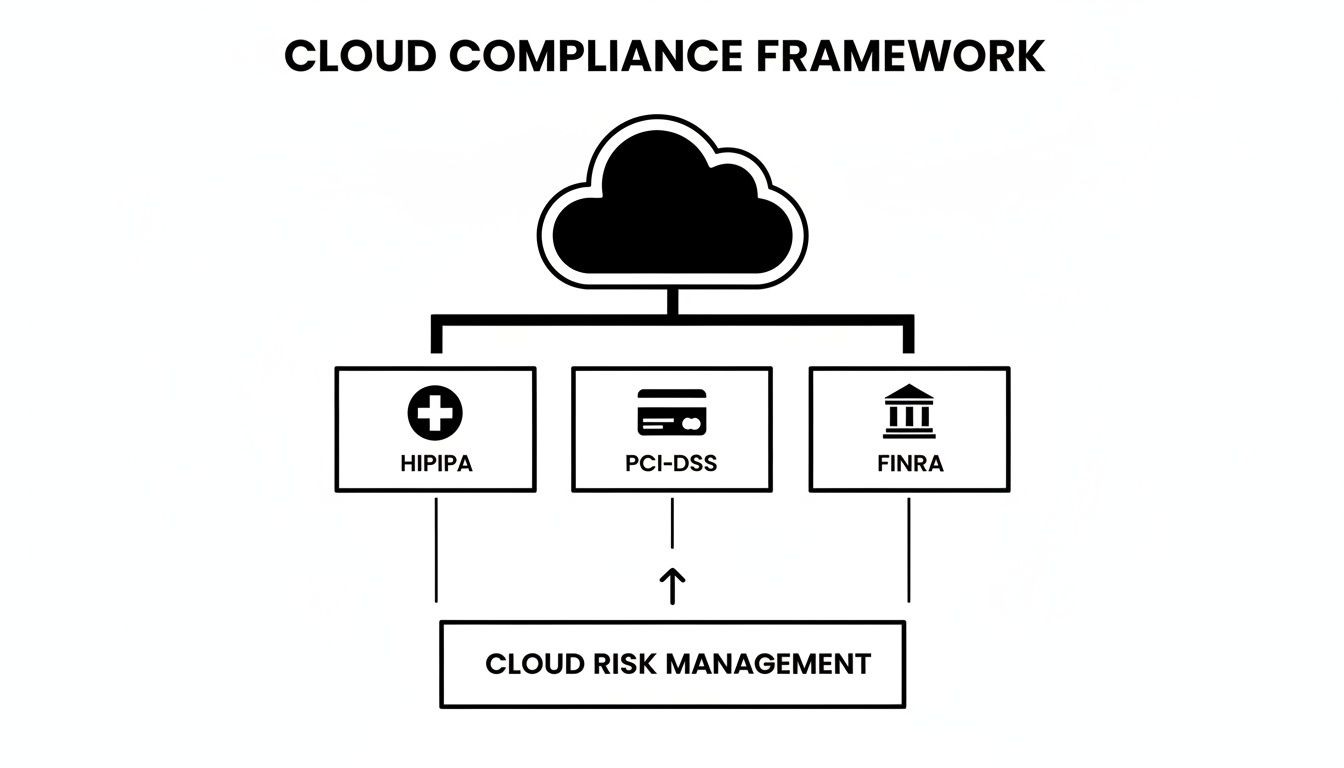 A diagram illustrates a cloud compliance framework linking cloud risk management to HIPIPA, PCI-DSS, and FINRA regulations.