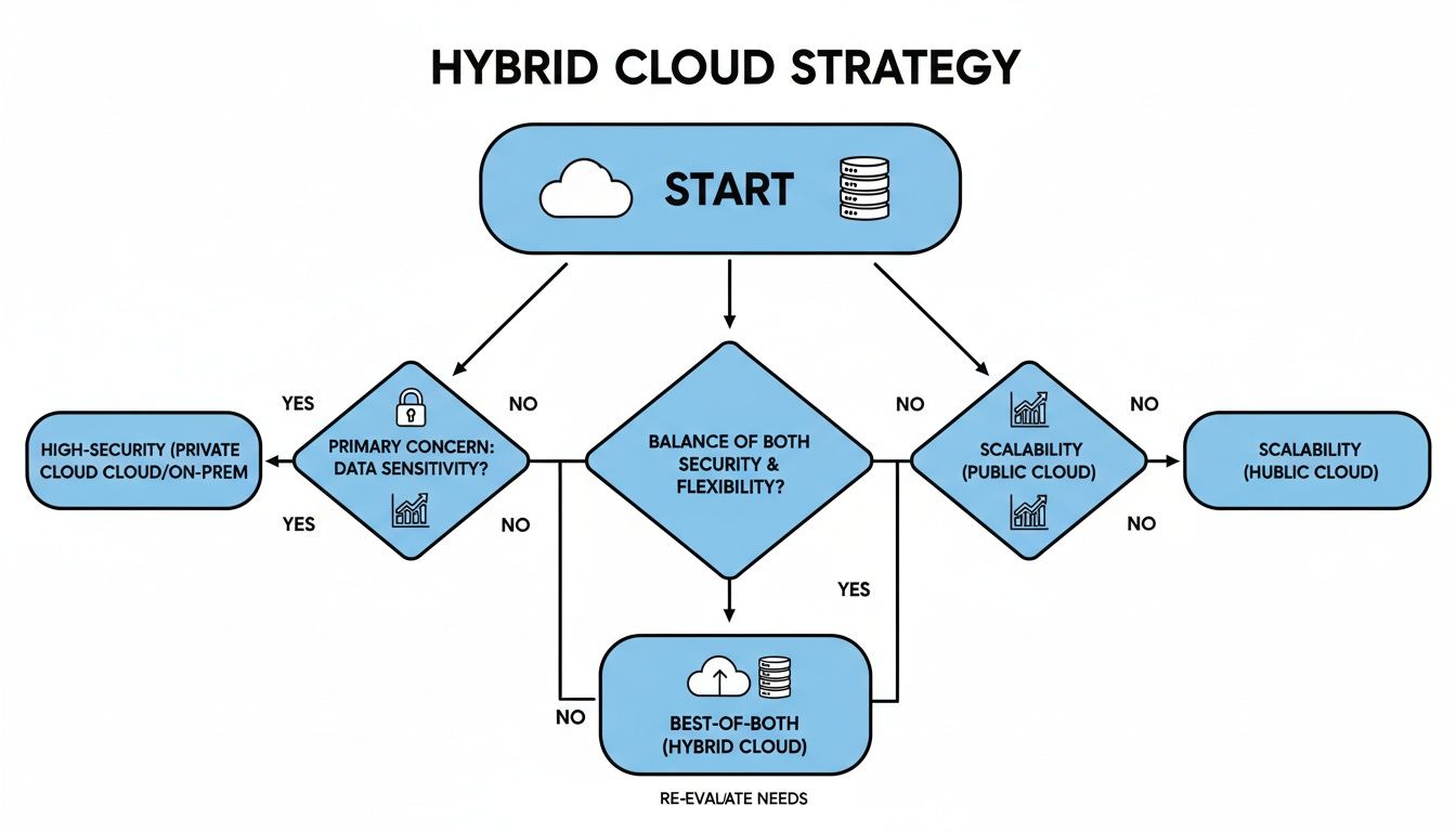 A flowchart outlining a hybrid cloud strategy, making decisions based on data sensitivity, security, and scalability.