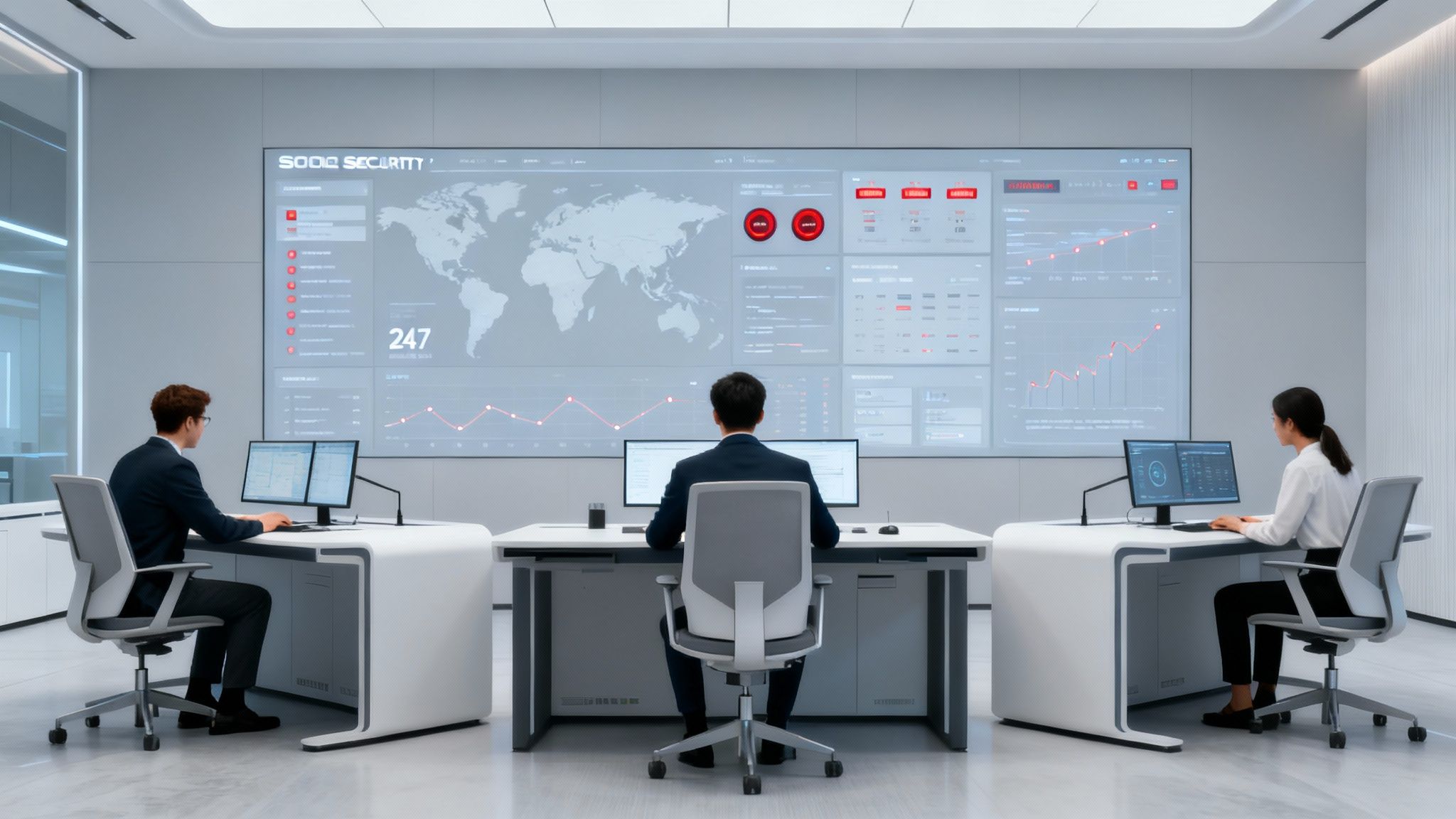 Three security analysts monitor a large digital display wall in a modern control room.