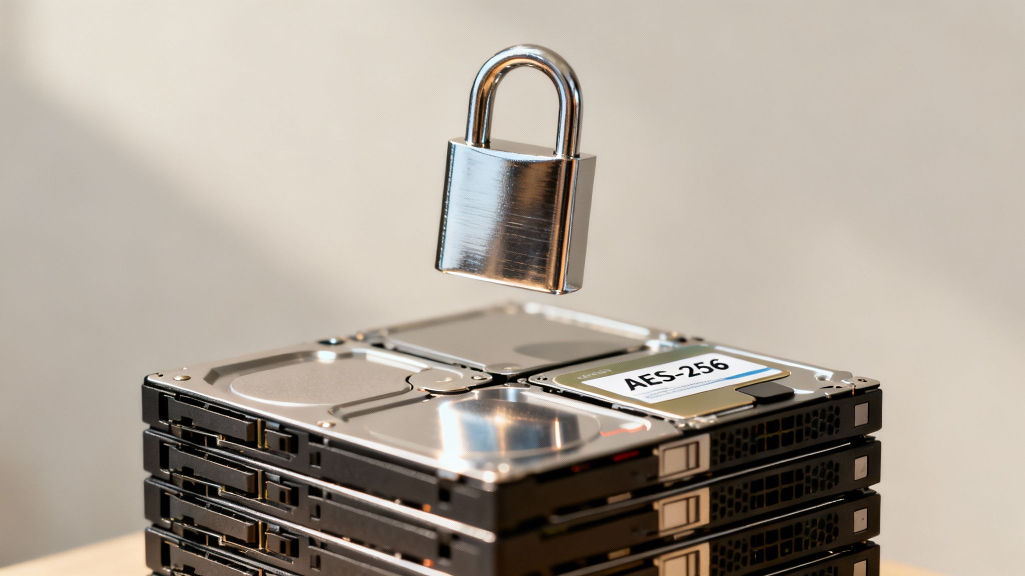 A shiny padlock floats above a stack of hard drives, one labeled AES-256, symbolizing data security.