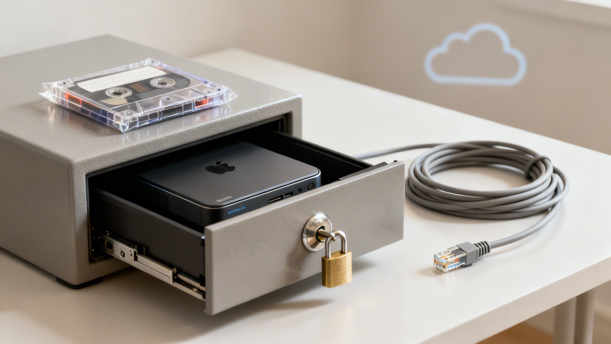 Mac mini server secured in a locked safe drawer with a cassette tape and coiled Ethernet cable.