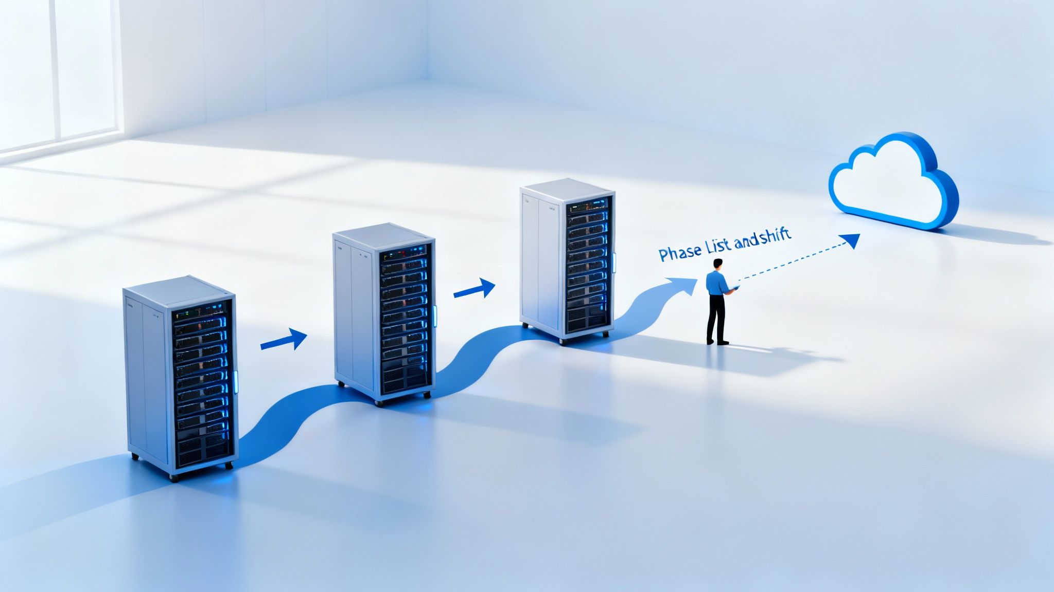 A man guiding server racks through a phased migration process towards a blue cloud icon.