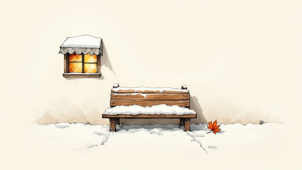 Snow-covered wooden bench beside glowing window in peaceful winter scene illustration
