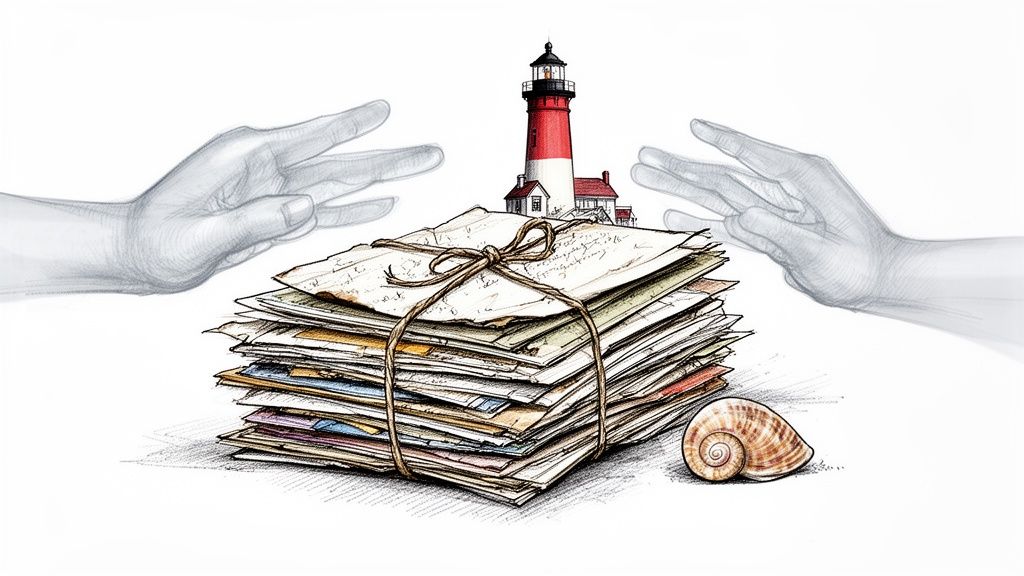 An illustrated stack of old, tied letters, a lighthouse, seashell, and two ghostly hands reaching out.