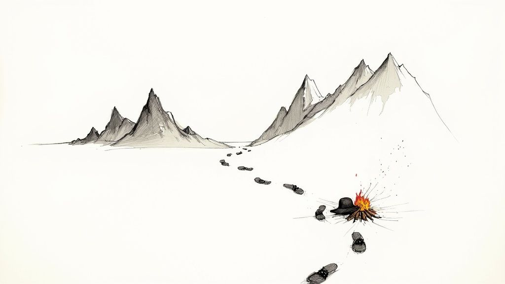 A minimalist sketch of footprints leading to a campfire and a hat in a snowy mountain landscape.