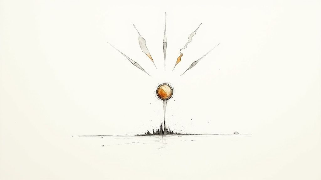 Minimalist watercolor illustration of city skyline with glowing orb and radiating spears above