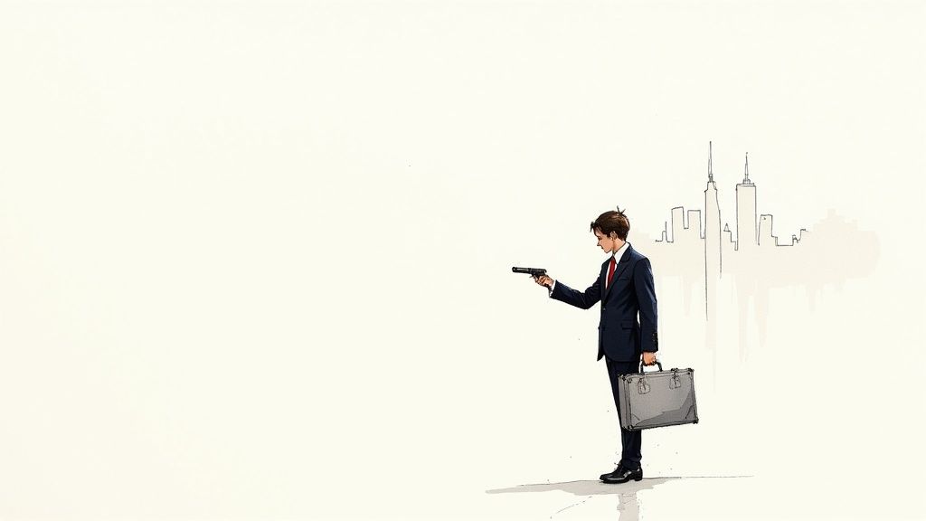 A man in a suit with a briefcase holds a gun towards a sketched city skyline.