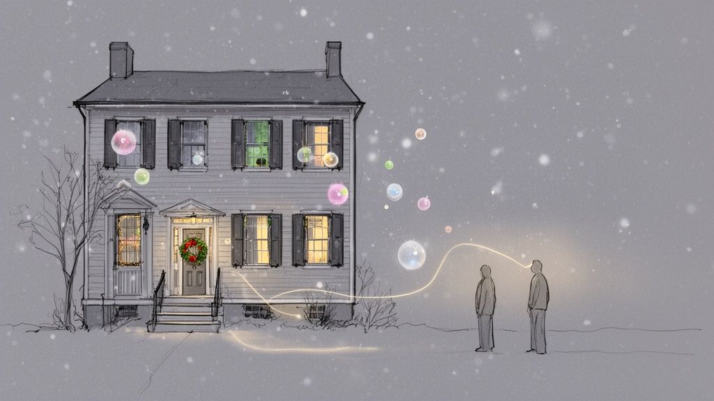 Sketch of a house in falling snow with glowing bubbles and two figures looking on.