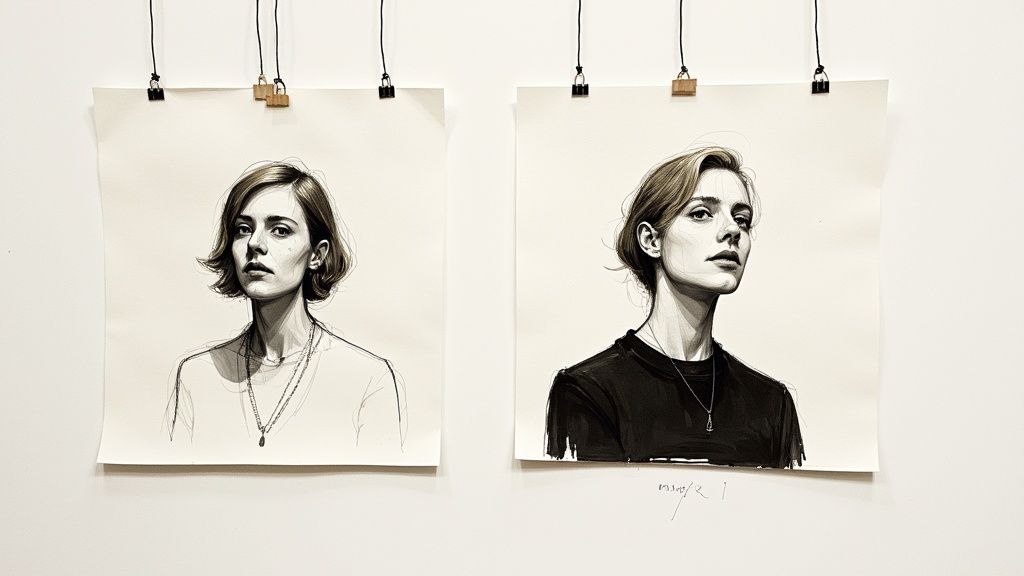 Two portrait sketches of a woman with short hair wearing necklaces, displayed side by side on wall