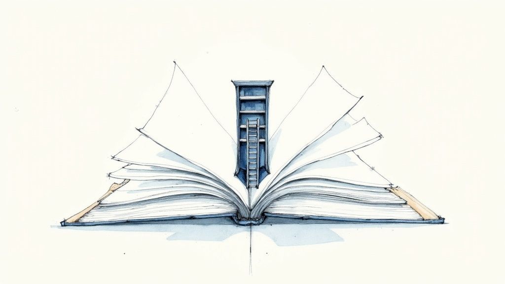 A watercolor sketch of an open book revealing a tall blue bookshelf and ladder within its pages.