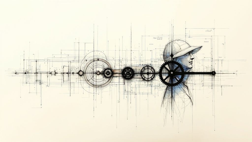 Technical drawing with mechanical gears and Victorian-era profile blending engineering and human elements