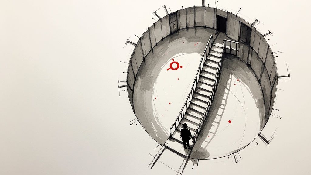 A monochrome sketch of a person walking down a long staircase inside a circular structure with a red symbol.