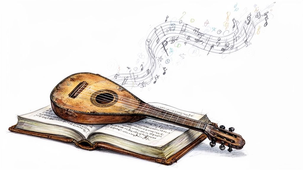 An illustration of a vintage mandolin resting on an open music book with notes floating above.