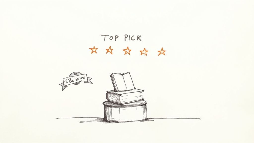 A hand-drawn sketch showing 'TOP PICK' with five outline stars and a stack of books.