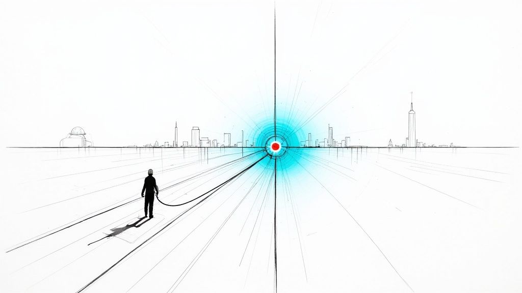 A figure walks on lines towards a glowing red target in a futuristic city landscape.
