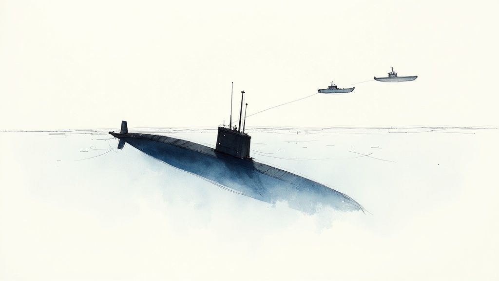 A minimalist watercolor drawing depicts a large submarine partially submerged, with two smaller ships trailing in the distance.