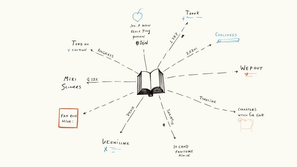A hand-drawn mind map with a book icon at the center, surrounded by various story-related concepts.