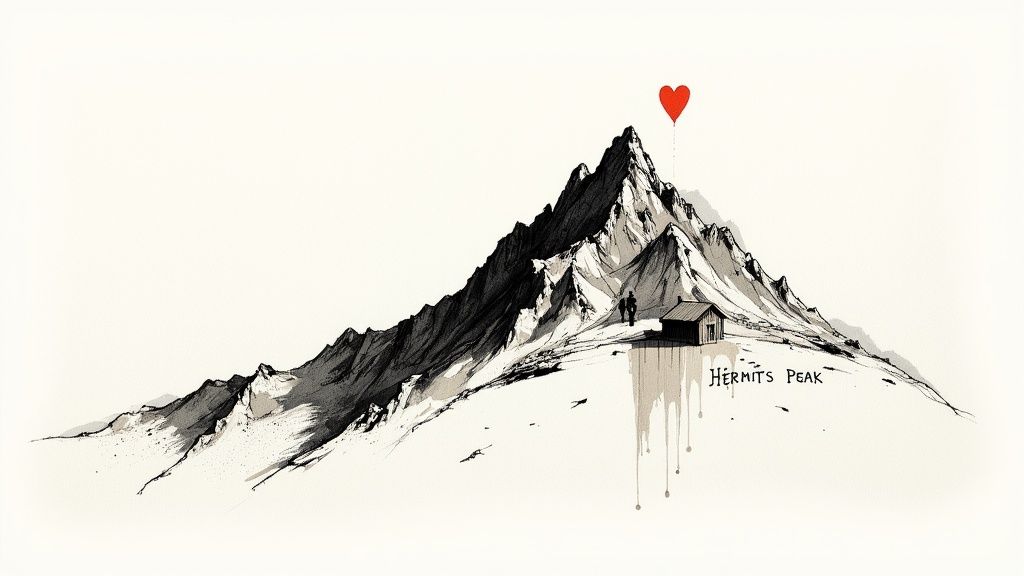 A black and white drawing of a mountain range with a small cabin, two people, a red heart balloon, and 'Hermits Peak' text.